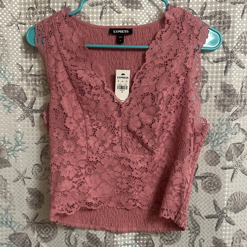 Express Women's Pink V Neck Lace Tank Blouse